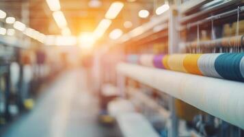 Sunlight illuminates colorful threads in a bustling textile factory workshop photo