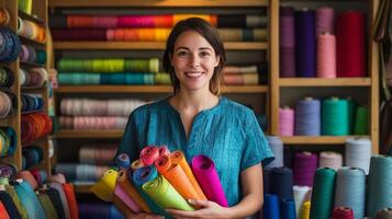 A woman beams while holding an assortment of colorful fabric rolls in a shop photo