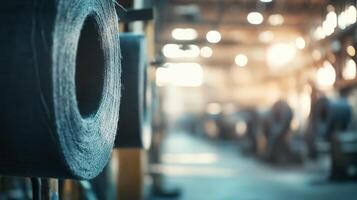 Woven fabric rests on a spool amid workers in a lively factory photo