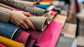 A hand gracefully selects fabrics from a vibrant collection of textiles photo