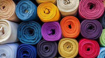 A collection of neatly rolled fabrics in a rainbow of colors on display photo