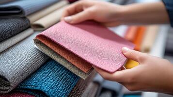 A person selects colorful fabric swatches from a display while shopping photo