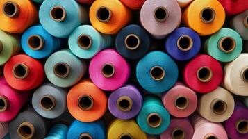 Colorful spools of thread are neatly arranged in a bright, creative workspace photo