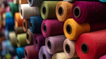 Brightly colored rolls of fabric thread are neatly arranged and ready for crafting photo