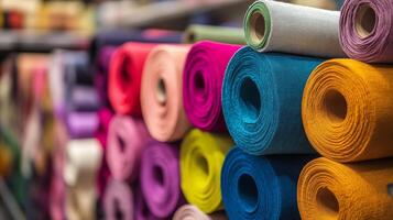A vibrant display of fabric rolls in various hues fills the craft store photo