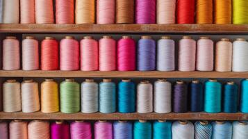 Threads of various colors line wooden shelves, creating a rainbow effect photo