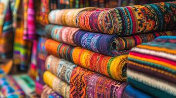 Rolls of colorful fabrics create a stunning visual in a lively marketplace photo