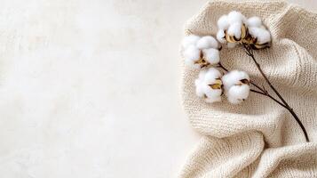 Soft cotton blooms rest gracefully on a gentle, knitted fabric backdrop photo
