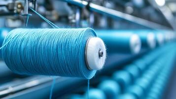 Bright blue spools of thread await use in a bustling textile factory environment photo