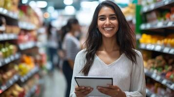 Smiling shopper interacts with a tablet in a colorful grocery aisle photo