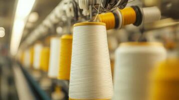 Bright spools of thread dangle in a busy textile factory, showcasing craftsmanship photo