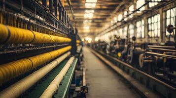 Conveyor belts transport vibrant spools of yarn in an industrial setting photo