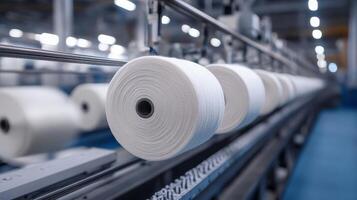 White thread spools are being processed on an industrial textile line photo