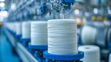 Spindles actively produce high-quality yarn in a bustling textile factory photo