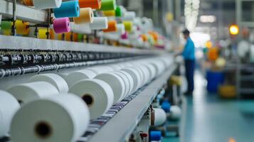 Colorful spools line the production line as workers focus on textile creation photo