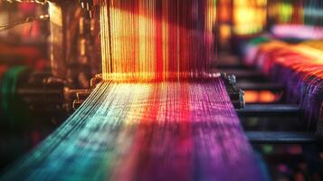Threads of color blend beautifully on a weaving loom under warm sunlight photo