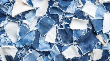 A vibrant assortment of torn denim pieces laid out artistically on the surface photo