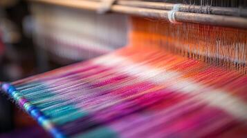 Artisans skillfully create colorful textiles on traditional looms photo