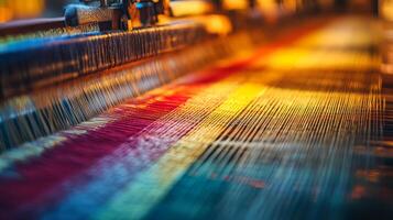 Colorful threads intertwine in a masterful weaving technique at a loom photo