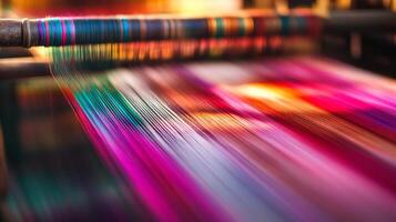Colorful threads intertwine as skilled artisans create stunning fabric designs photo