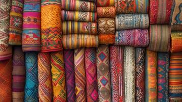 Colorful, traditional fabrics showcase craftsmanship and culture in vibrant patterns photo