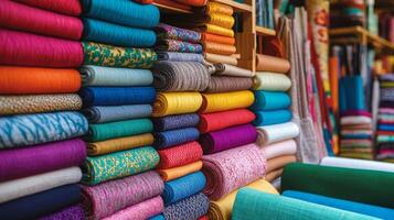 Brightly colored fabrics stacked neatly create a mesmerizing visual feast photo