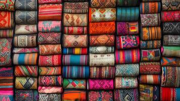 Rolls of intricately designed fabrics showcase craftsmanship in evening light photo