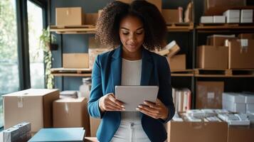 Woman analyzes stock on a tablet in a well-organized storage area photo