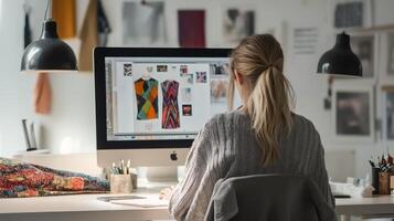 A designer explores colorful fashion designs on a computer screen photo