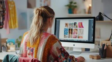 A designer engages with vibrant visuals on a computer screen photo