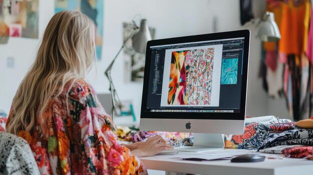 A designer focuses on colorful patterns at their stylish work desk photo
