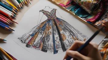 A handcrafted dress design emerges from vibrant sketches and beautiful fabrics photo