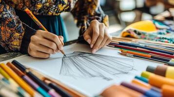 A designer focuses intently as they outline a dress with colorful pencils photo
