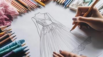 A designer creates a beautiful dress sketch with colored pencils around photo