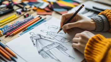 A designer brings fashion ideas to life with colorful sketches and markers photo