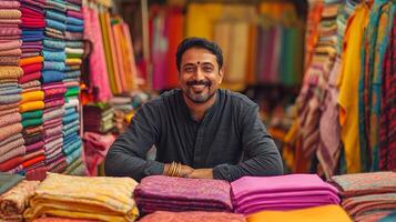 A vendor proudly displays colorful fabrics in a bustling market atmosphere photo