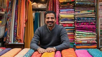 A fabric merchant displays vibrant textiles in a lively marketplace photo