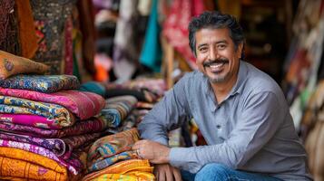 An artisan surrounded by colorful fabrics engages warmly with visitors photo