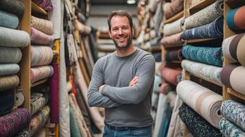 Fabric rolls in a colorful shop surround a smiling man with crossed arms photo