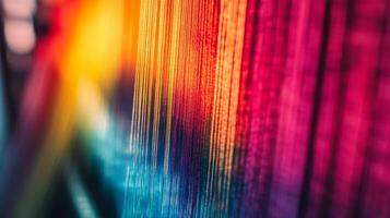 Colorful threads dip and weave together in a sunset-lit textile studio photo