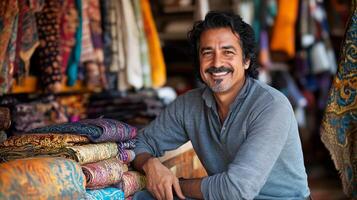Artisan smiles warmly among vibrant fabrics in a bustling market atmosphere photo