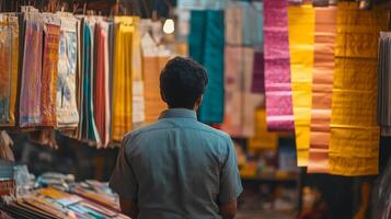A man stands mesmerized by bright paper offerings in a bustling market photo