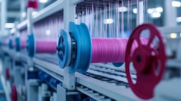 Colorful threads are spun and wound onto reels in a bustling textile factory photo