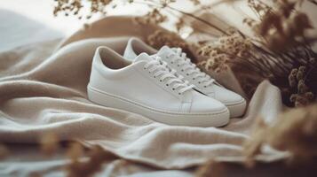 Stylish sneakers harmoniously arranged with delicate natural accents photo