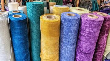 Rolls of fabric in various colors create a stunning display of textiles photo