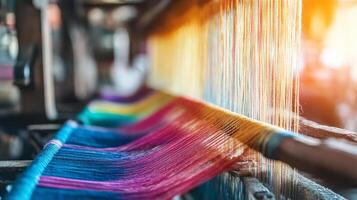 Craftsperson skillfully weaves colorful threads into beautiful fabric photo