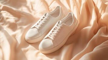 Sleek white sneakers radiate style atop gentle, flowing fabric photo