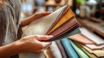 A person holds vibrant fabric swatches in a warmly lit textile store photo
