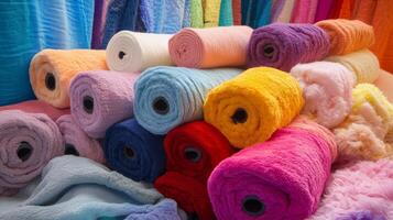 Colorful rolls of soft fabric stacked artistically, inviting creativity and inspiration photo