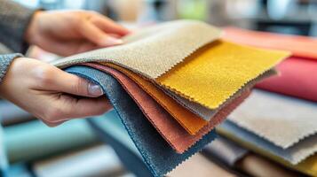 A person holds various colorful fabric swatches in a textile shop photo
